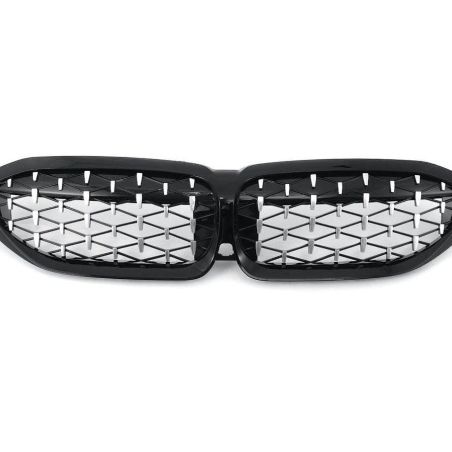 Grilă diamant compatibilă BMW Seria 3 G20 (2019+), vedere frontală pe fundal alb, material ABS premium, design sportiv aftermarket.