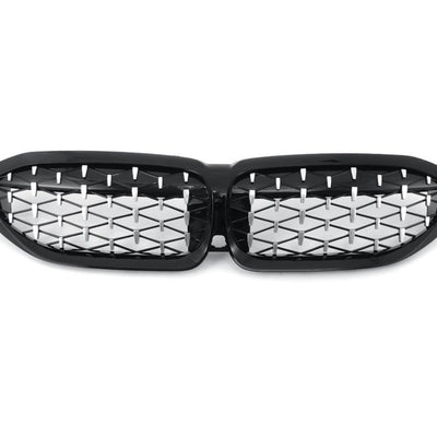 Grilă diamant compatibilă BMW Seria 3 G20 (2019+), vedere frontală pe fundal alb, material ABS premium, design sportiv aftermarket.