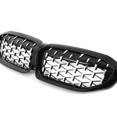 Grilă diamant BMW Seria 3 G20 (2019+), poză din unghi oblic stânga, material ABS rezistent, finisaj negru lucios, design modern aftermarket.