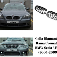 Set grile față diamant cu ramă cromată pentru BMW Seria 5 E60 2004–2009, vedere frontală, design sportiv și elegant.