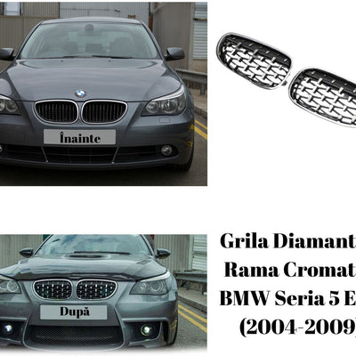 Comparație vizuală înainte și după montaj pentru grila diamant cu ramă cromată BMW Seria 5 E60, upgrade sportiv.