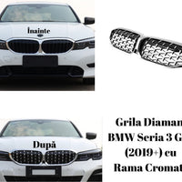 Grilă diamant cu ramă cromată instalată pe BMW Seria 3 G20 alb, vedere frontală din apropiere, design premium aftermarket.