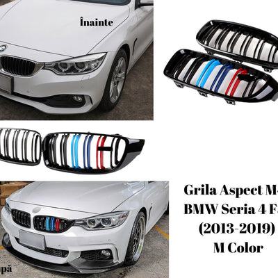 Colaj comparativ cu BMW Seria 4 F32 înainte și după instalarea grilei M4 Look, evidențiind upgrade-ul vizual cu grila sport ABS gloss black și lamele M Color.