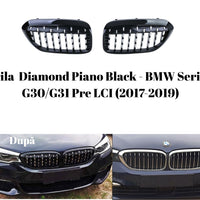 Grilă frontală sport Diamond Piano Black compatibilă BMW Seria 5 G30/G31, design modern, vedere din unghi oblic pentru detalii de finisaj.