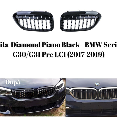 Grilă frontală tip Diamond Piano Black pentru BMW Seria 5 G30/G31 Pre LCI (2017-2019), design sportiv, finisaj lucios, vedere din față.