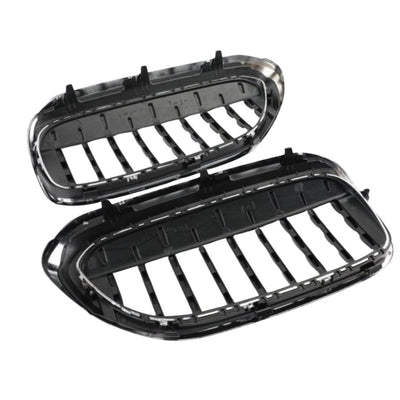 Colaj imagini cu grila frontală BMW Seria 5 G30/G31 Pre LCI (2017–2019), design Diamond Chrome, vedere frontală, laterală și detaliu lamele duble, finisaj cromat și negru lucios.