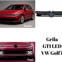 Grilă frontală GTI LED compatibilă cu Volkswagen Golf 8 (2020+), finisaj negru lucios cu detalii roșii, design sportiv și iluminare LED integrată.