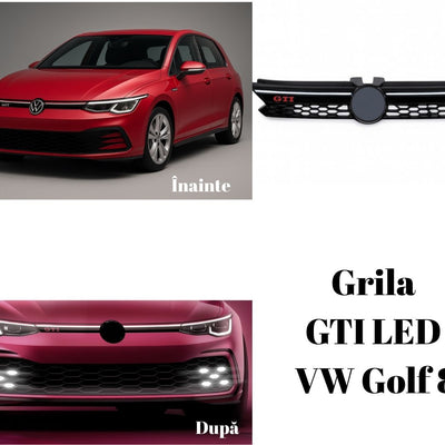 Colaj comparativ VW Golf 8 cu grila originală și după montaj grilă GTI LED, evidențiind diferența estetică și iluminarea LED integrată.