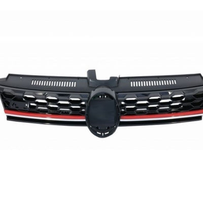 Grilă GTI aftermarket pentru VW Golf 7.5, fotografie frontală, design tip fagure cu dungi roșii și finisaj negru lucios, material ABS de calitate.