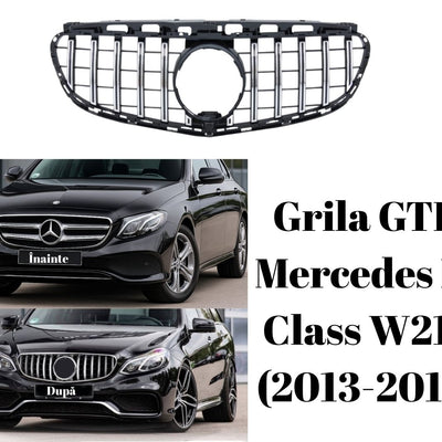 Imagine comparativă grilă originală vs grilă GTR Look montată pe Mercedes E-Class W212 facelift 2013-2015, design agresiv inspirat AMG.
