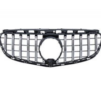 Grilă frontală GTR Look pentru Mercedes-Benz E-Class W212 facelift, fabricată din plastic ABS, culoare negru cu inserții cromate, vedere din față.
