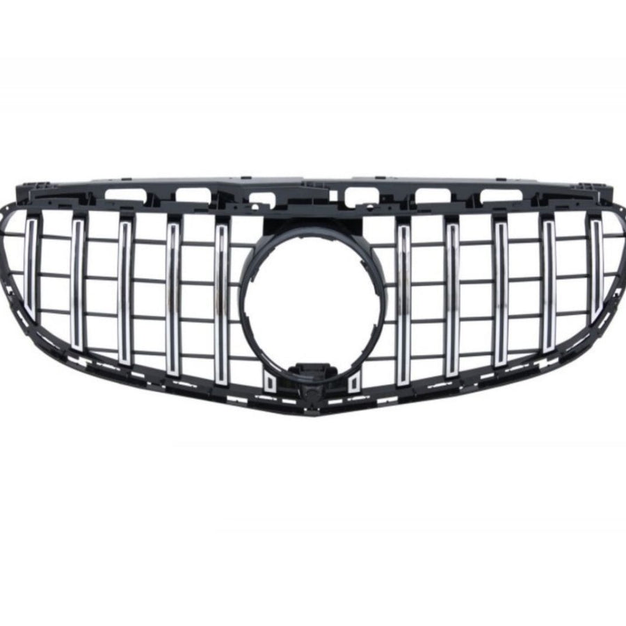 Grilă frontală GTR Look pentru Mercedes-Benz E-Class W212 facelift, fabricată din plastic ABS, culoare negru cu inserții cromate, vedere din față.