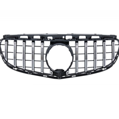 Grilă frontală GTR Look pentru Mercedes-Benz E-Class W212 facelift, fabricată din plastic ABS, culoare negru cu inserții cromate, vedere din față.