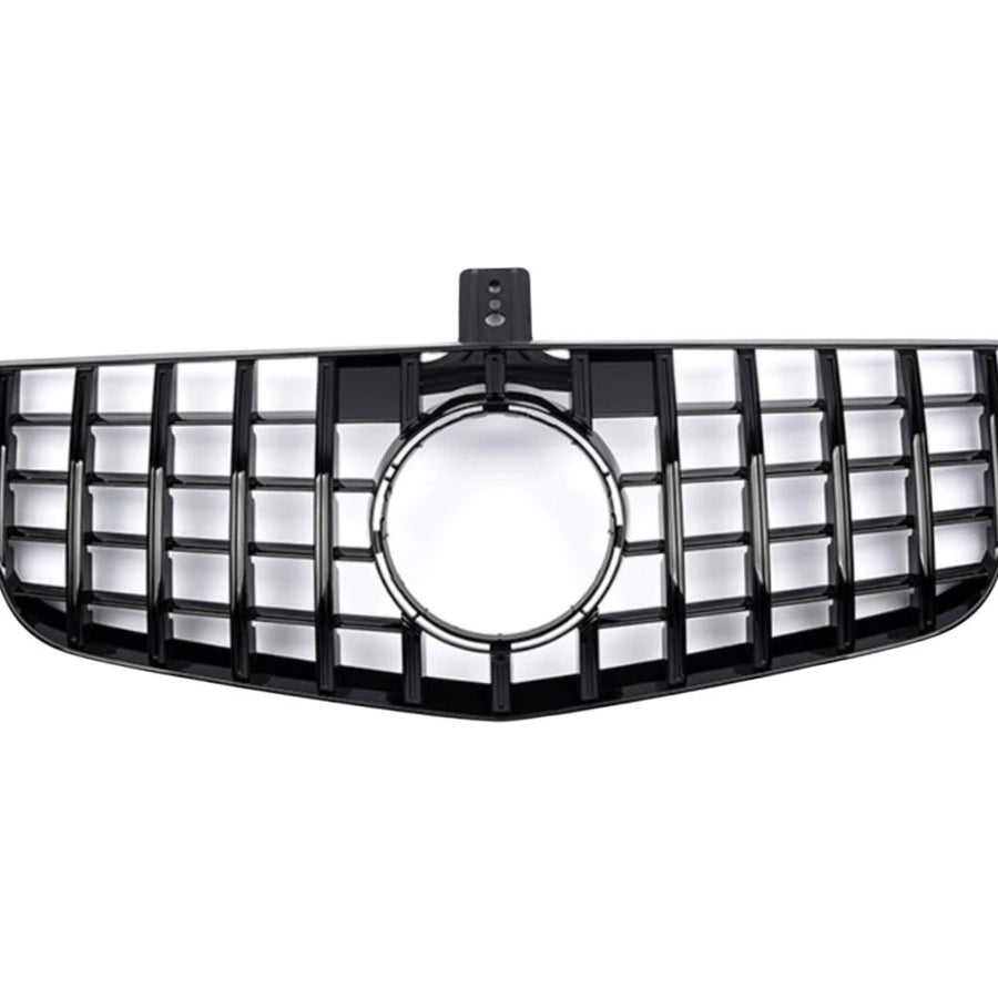 Grilă față GTR Look neagră pentru Mercedes E-Class W212, vedere frontală, design sportiv cu bare verticale, compatibilitate 2009–2012.
