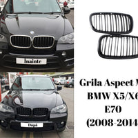 Set grile frontale M Look pentru BMW X5 E70 și X6 E71, fabricate din plastic ABS rezistent, culoare negru mat, vedere frontală a componentelor.