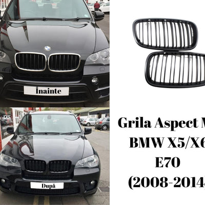 Colaj comparativ BMW X5 E70 înainte și după montarea grilei frontale M Look din ABS negru, ilustrare vizuală a diferenței de stil și aspect sportiv.