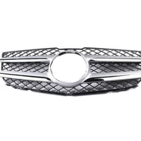 Grilă auto aftermarket compatibilă Mercedes-Benz GLK X204 (2012–2015), fabricată din plastic ABS rezistent, design tip fagure negru cu două bare orizontale cromate și suport central pentru emblemă, vedere frontală pe fundal alb.