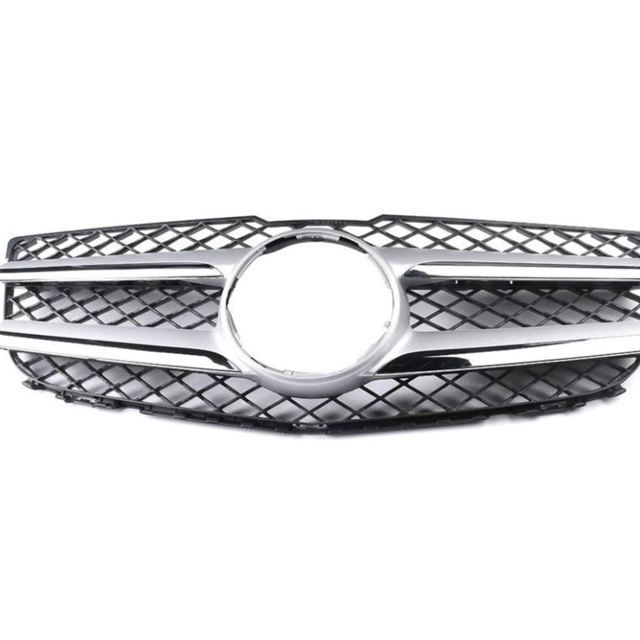 Grilă auto aftermarket compatibilă Mercedes-Benz GLK X204 (2012–2015), fabricată din plastic ABS rezistent, design tip fagure negru cu două bare orizontale cromate și suport central pentru emblemă, vedere frontală pe fundal alb.