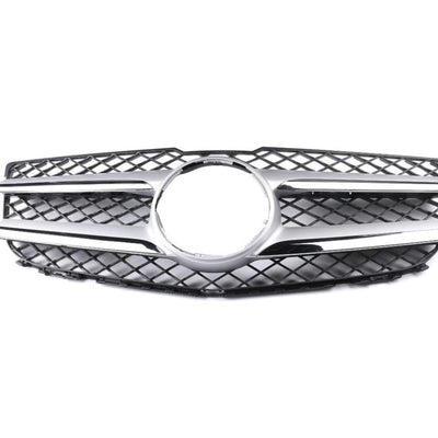 Grilă auto aftermarket compatibilă Mercedes-Benz GLK X204 (2012–2015), fabricată din plastic ABS rezistent, design tip fagure negru cu două bare orizontale cromate și suport central pentru emblemă, vedere frontală pe fundal alb.