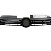 Grilă auto R compatibilă Volkswagen Golf 6, fotografie frontală detaliată a produsului din ABS negru lucios, design sportiv tip fagure, aftermarket.