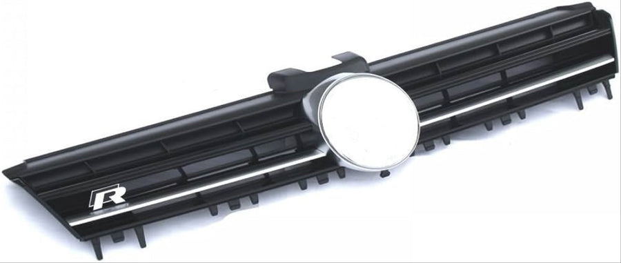 Grilă frontală R VW Golf 7R, compatibilă cu modelele 2013–2019, ABS negru rezistent, cu emblemă centrală rotundă și detaliu cromat, design sportiv agresiv.