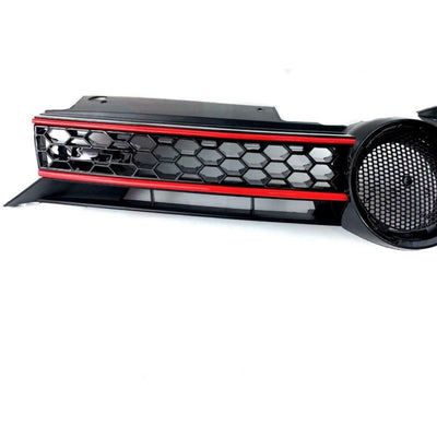 Grilă sport GTI aftermarket pentru Volkswagen Golf 6 (2009–2012), fotografie laterală, design fagure hexagonal, ABS negru lucios, linii roșii.