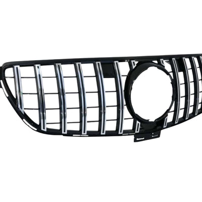 Grilă auto aftermarket pentru Mercedes GLE Coupe C292, finisaj gri cromat, unghi lateral, evidențiere detaliu bare verticale.