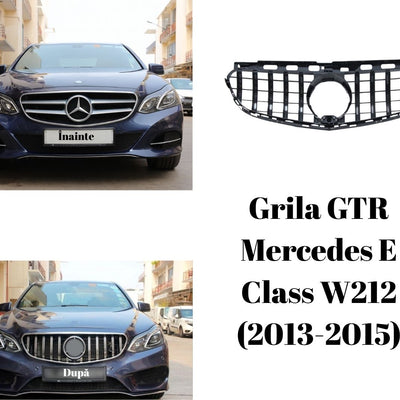 Comparație înainte și după montaj grilă GTR Look pe Mercedes E-Class W212 facelift 2013-2015, stil sportiv și elegant, bare verticale cromate.