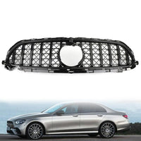 Grilă frontală GTR Mesh Style negru lucios pentru Mercedes E-Class W213 2020+, vedere frontală completă a piesei aftermarket din ABS.