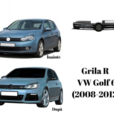 Colaj cu Volkswagen Golf 6 înainte și după montarea grilei R, produs aftermarket din ABS negru lucios, design sportiv agresiv.
