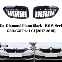 Grilă frontală sport Diamond Piano Black compatibilă BMW Seria 5 G30/G31, design modern, vedere din unghi oblic pentru detalii de finisaj.