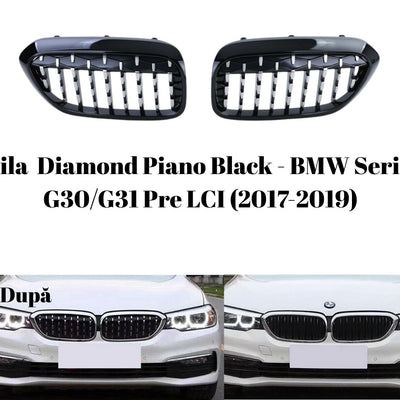 Comparație înainte și după instalarea grilei Diamond Piano Black pe BMW Seria 5 G30/G31 Pre LCI (2017-2019), evidențiind diferența estetică.