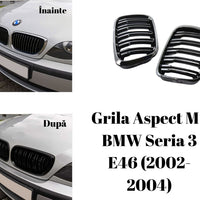 Set grile frontale dublu BMW Seria 3 E46, finisaj negru lucios, vedere frontală produs aftermarket, design sportiv tip M Look.