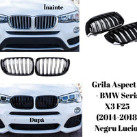 Set grile față BMW X3 F25 (2014–2018), design dublu-rinichi M Look, finisaj negru lucios, plastic ABS rezistent, vedere frontală pe fundal alb.