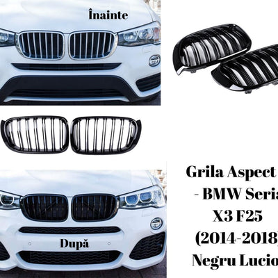 Colaj înainte/după pe BMW X3 F25 alb – montaj grile dublu-rinichi M Look, negru lucios, upgrade estetic sportiv.