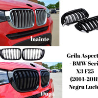 Set grile față BMW X3 F25 (2014–2018), design dublu-rinichi M Look, finisaj negru lucios, plastic ABS rezistent, vedere frontală pe fundal alb.