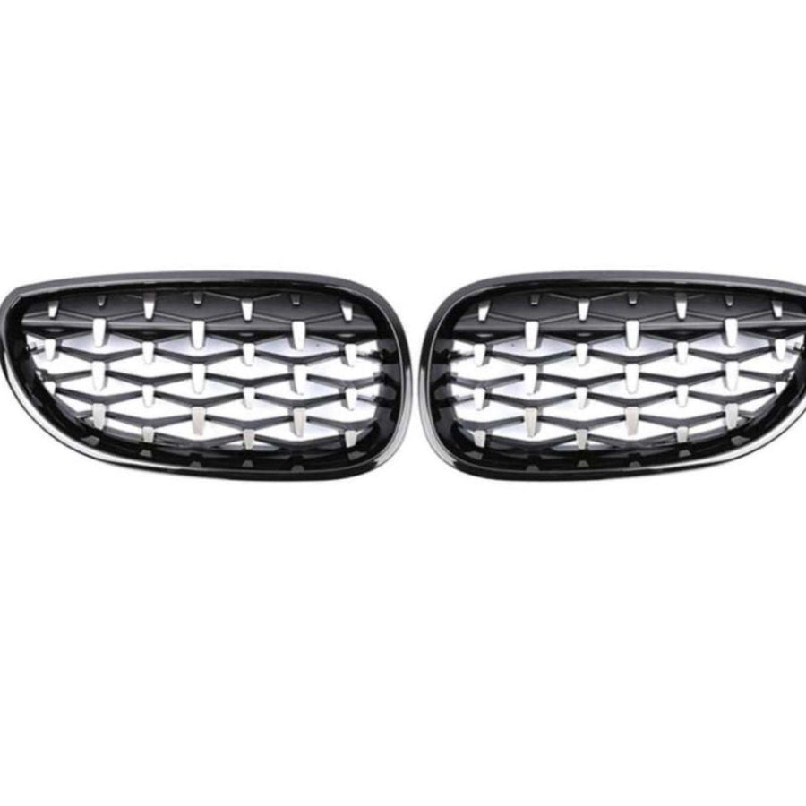 Set complet grile diamant pentru BMW Seria 5 E60/E61 (2004-2009), ramă neagră lucioasă, vedere frontală piesă auto aftermarket.