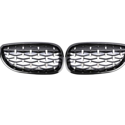 Set complet grile diamant pentru BMW Seria 5 E60/E61 (2004-2009), ramă neagră lucioasă, vedere frontală piesă auto aftermarket.