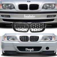 Grile frontale dublu pentru BMW Seria 3 E46 Sedan/Touring 2002–2004, finisaj negru lucios, vedere din față pe fundal alb.
