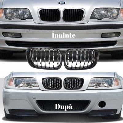 Colaj cu BMW Seria 3 E46 Sedan 2002–2004, imagini frontale comparate înainte și după instalarea grilelor frontale aftermarket.