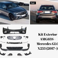 Kit exterior complet AMG63S pentru Mercedes GLC X253, include bară față, bară spate, grilă Panamericana și ornamente evacuare – upgrade sportiv.