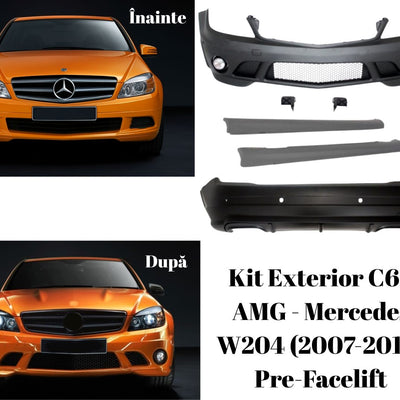 Vedere frontală portocalie a Mercedes W204 – comparație înainte/după instalare kit AMG C63 pentru un look agresiv.