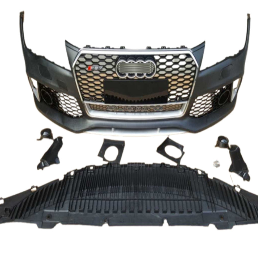 Kit bară față RSQ5 compatibil Audi Q5 8R 2012–2015, cu grilă centrală fagure, elemente montaj și design sportiv tip quattro, piesă aftermarket.