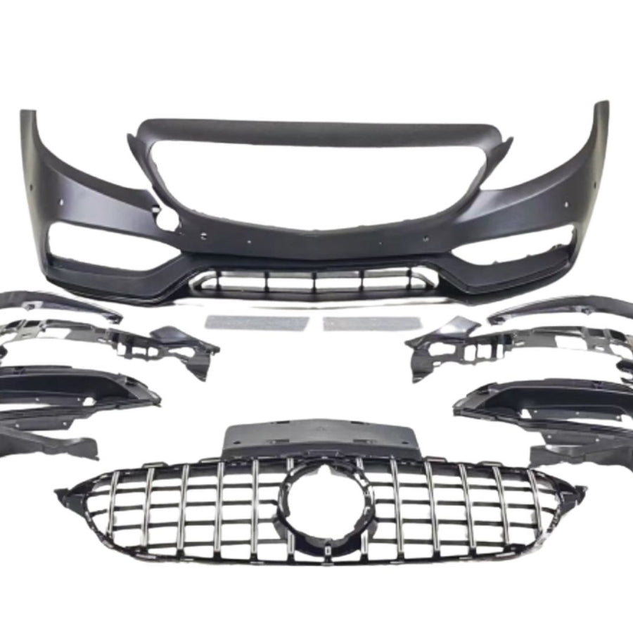 Imagine completă cu toate componentele kitului C63 AMG pentru Mercedes W205 Facelift, inclusiv bara, grila și suporturile.