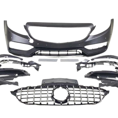 Imagine completă cu toate componentele kitului C63 AMG pentru Mercedes W205 Facelift, inclusiv bara, grila și suporturile.