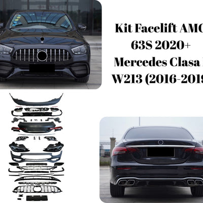 Vedere frontală și spate Mercedes Clasa E W213 cu kit facelift AMG 63S montat, rezultat final sportiv și modern