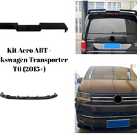 Toate elementele kitului Aero ABT pentru Volkswagen T6 prezentate separat: difuzor, splitter, spoiler, praguri – finisaj negru.