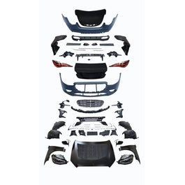 Piese kit conversie W223 pentru upgrade exterior Mercedes-Benz S-Class W222, include bare, capotă, aripi, faruri, stopuri și grilă frontală