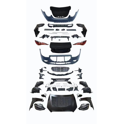 Piese kit conversie W223 pentru upgrade exterior Mercedes-Benz S-Class W222, include bare, capotă, aripi, faruri, stopuri și grilă frontală