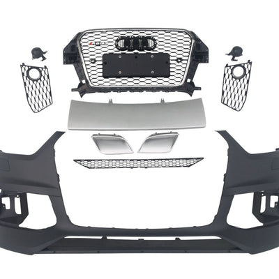 Kit bară față RSQ3 pentru Audi Q3 8U (2012–2015) cu grilă tip fagure, ornamente evacuare și capace senzori PDC – design sportiv aftermarket